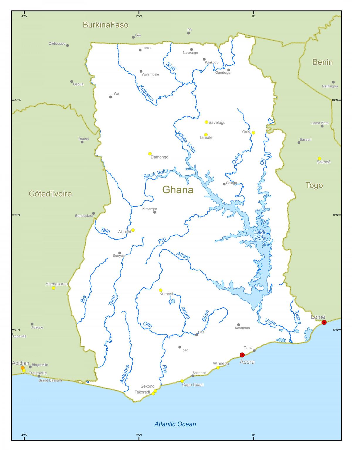 Map of rivers in ghana on 